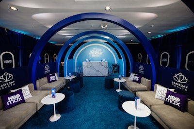 A section of HBO Max's The Flight Attendant Preflight Lounge activation featured a curved ceiling and oval windows, meant to evoke the space's airplane theme from producers MKG.
