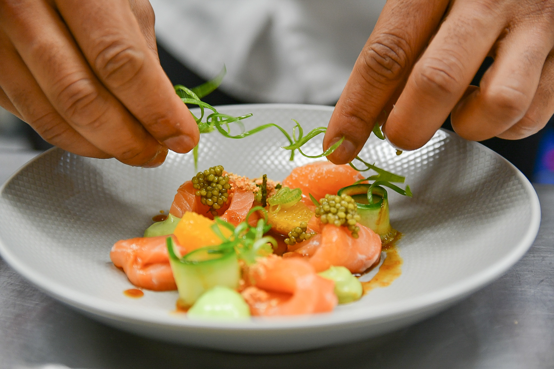 Browne cites this Ora King Salmon dish, served sashimi style, as one of his signatures. &ldquo;[It has the] perfect balance of acidity, salt, spice, crunch and creaminess,' he says.