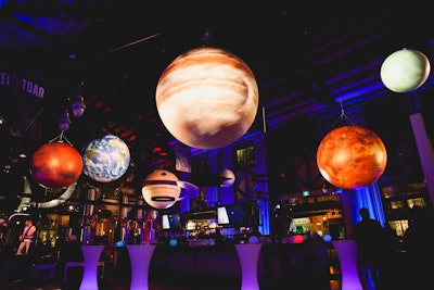 To bring to a 'space odyssey' event theme to life, Innovation Lighting, from Burnabay, B.C. hung inflatable, light-up planets from the ceiling. The out-of-this-world design element was created in partnership with commercial event and entertainment producer Bluegreen Productions.