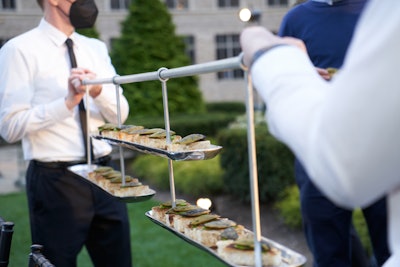 The event's caterer, Pinch Food Design, worked with H&S on creating a glamorous dinner. Oysters served on long trays nodded to the original Fairmont property, Fairmont San Francisco, where 13,000 oysters were consumed during an extravagant grand opening party in 1907.