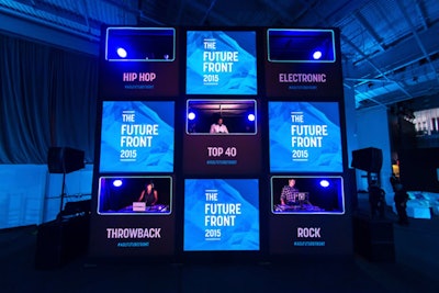 At AOL’s first-ever Future Front event in 2015, the brand strayed from its usual Programmatic Upfront event during Advertising Week and aimed to set itself apart from the competition. And it accomplished just that with a memorable focal installation: a three-story DJ tower, which housed five DJs in labeled booths corresponding to the genre of music being played—Hop Hop, Electronic, Top 40, Throwback, and Rock. Built with scaffolding, the tower featured shifting lights that drew attention to the DJ performing a solo set. Throughout the night, music battles and combined-genre sets also took place. The four Future Front-branded LED squares between the DJs projected social feeds, information about each disc jockey, and live shots of their performances. See more: How AOL Built Physical Experiences Around Mobile Messaging
