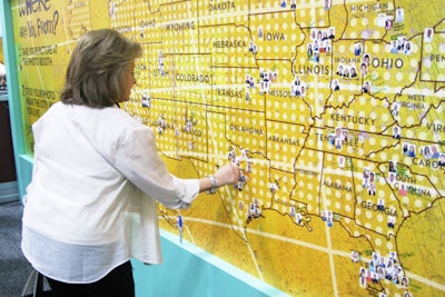 At a past event, The Exhibitor Show also invited attendees to attach their photos to a large world map to indicate where they were from. Photographers were stationed at the map to take instant thumbnail photos of attendees. Organizers said the map was an easy conversation-starter as attendees looked for others from their area, or from cities where they have lived in the past.