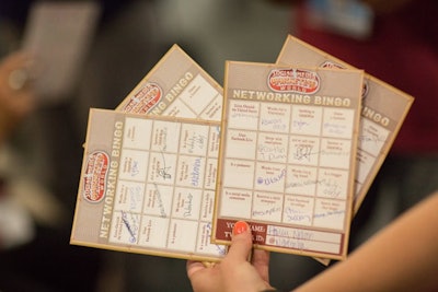 During the opening-night party for Social Media Marketing World in 2016, attendees played “Networking Bingo” by gathering the Twitter handles of other guests who matched with criteria in the boxes. Drawings of all completed cards were conducted for prizes.