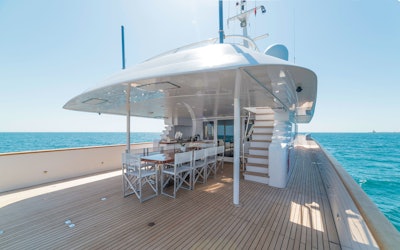 BizBash and Hubilo's Cannes activation in South France will take place on this luxury superyacht, BERZINC from Ocean Five Yachts & Events. The vessel—with a vast deck (pictured) that's perfect for parties—can accommodate up to 60 guests for dockside events.