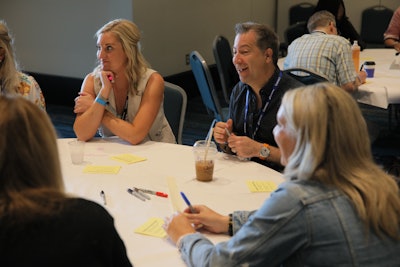 Leadership Summit participants were given colored pens to write on the four topic-specified tables during the World Café workshop.