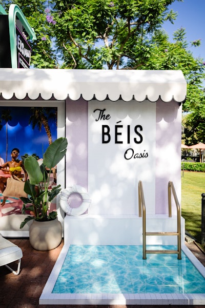 The BÉIS Oasis on the side of the motel was a faux pool “made with painted acrylic, tiled walls with the [BÉIS] logo, and blown up campaign imagery of the Terry Collection,” Petigrow said. Fabrication is executed by Brooklyn-based Pink Sparrow, and graphics are courtesy of Atwater in LA.