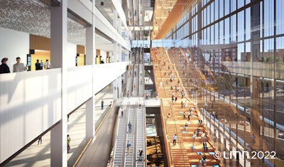 The Seattle Convention Center's new Summit building will open January 2023. It will feature a wood stair climb (pictured) with wow-worthy views of the city.