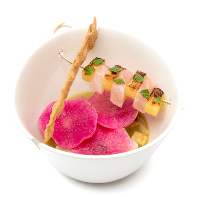 Yellowtail ceviche with hot neon pink radishes, pineapple, and leche de tigre, from Pinch Food Design in New York