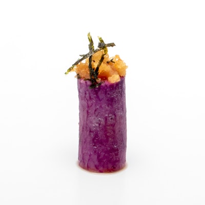 Kimchi fluke with a purple radish blanket, nori, and sriracha tempura, from Pinch Food Design in New York