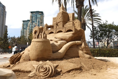 The three Audible Beach sand sculptures were designed by Civic Entertainment Group and brought to life by an international team of artists from the Sand Sculpture Company, led by world-renowned sand artist Ted Siebert. They were constructed with 150 tons of impacted sand and took one week to construct from start to finish.