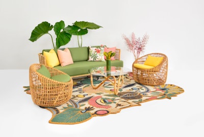 Cane sofa and chairs with cilantro green cushions ($450 for sofa; $195 for each chair to rent 1-5 days), available in New York and Los Angeles from Taylor Creative