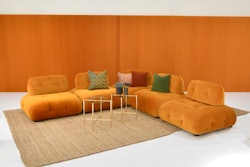 Puffer modular ottoman in rust velvet ($325 per piece to rent 1-5 days), available in New York and Los Angeles from Taylor Creative