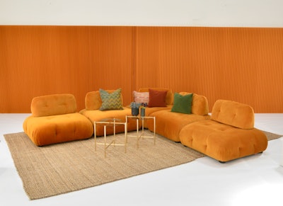 Puffer modular ottoman in rust velvet ($325 per piece to rent 1-5 days), available in New York and Los Angeles from Taylor Creative