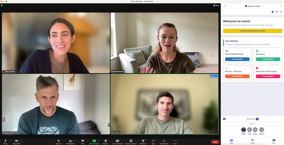 With existing Zoom accounts, teams can now use twine to easily add a variety of guided networking experiences to their virtual meetings or events. And it doesn’t require the user to leave Zoom Events or to create an additional login.