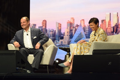 Anthony Capuano, CEO of Marriott International, and Stephanie Mehta, CEO and chief content officer at Mansueto Ventures, appeared on stage at THE EXCHANGE, Marriott's annual association and corporate customer conference.