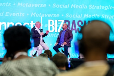 BizBash chairman and founder David Adler recorded a live episode of GatherGeeks on stage during the trade show with Gregorio Palomino, CEO of event and travel management agency CRE8AD8.