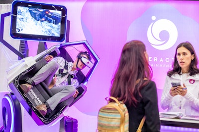 This year, Interactive Entertainment Group turned the notion of an engaging trade show booth on its head—literally. In addition to being flipped upside down, attendees could try out the company's VR 360 simulator to engage in a number of immersive experiences like space missions and rollercoasters.