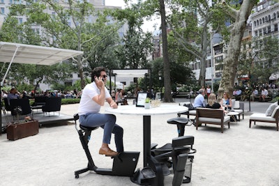 Yet another clever idea is to make your seating interactive—and focusing on wellness is a great way to do this, particularly as it pertains to breaking up day-long conferences and other events. A standout example: For an L.L. Bean event in New York in 2018, the brand worked with Jack Morton Worldwide to create pop-up workstations. A variety of seating—including cycling desks—was intended to encourage different ways of working. (The desks were purchased from LifeSpan Fitness, which also sells treadmill desks, standing desks, and other health-focused office furniture.) “Sometimes you are going to want power and some shade; other times, if it's a creative blue-sky thinking session, you might want to be in lower, more comfortable seating,' explained Kathryn Pratt, L.L. Bean’s director of brand engagement, about the different seating options. See more: How L.L. Bean Encouraged People to Take Their Work Outside