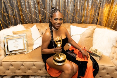 Emmy winner Sheryl Lee Ralph, whose acceptance speech was undoubtedly one of the ceremony's highlights, posed in the Backstage Creations Giving Suite with her new trophy.
