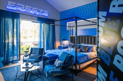 Knowing that several influencers were invited to stay overnight at the house to create sponsored content, the team focused on building a variety of branded and themed backgrounds, as well as interactive moments that encouraged filmed content. Each of the bedrooms were tied to a different look and style. “For the blue room we took inspiration from the Fresh Prince and hip-hop references,” said Bergen.