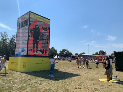 For an in-real-life activation of the mobile app, Snapchat, with Live Nation, constructed a 23-foot-tall structure dubbed Giant Snapchat AR Mirror. People could pose for a photo of themselves reflected on a giant screen, which was then available for download via a QR code or email.