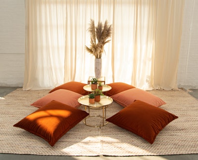 New York- and Los Angeles-based Taylor Creative Inc. is showing its seasonal side with velvet floor cushions in a color palette that can’t help but incite fall feelings. Available in papaya, burnt orange, and Tuscan colorways, the floor cushions can perfectly elevate a space. They’re able to rent nationwide for up to five days for $125 per cushion. To round out an autumnal affair, consider also renting the rental company’s plateau brass coffee table (pictured) for $195 per piece.