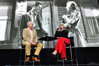 Considered the OG scream queen, actress Jamie Lee Curtis (who is the daughter of Psycho actress Janet Leigh, pictured from the film on the screen behind her) joined the festival to look back on the Halloween franchise that launched her career.