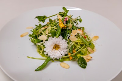 A green herbivorous salad with a combination of asparagus, fava beans, peas, almonds, frisee lettuce, mint, avocado basil, and crema served as the appetizer.