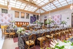 In September, Blueprint Studios designed and produced the San Francisco Opera’s Centennial Celebration Gala. At the arrival reception and dinner, an indigo and goldenrod color palette found in the table linens and flatware was especially striking. The team at the San Francisco-based event production company also used a mix of periodic textiles such as velvet, leather, crystal, mirror, and ostrich plumes throughout. See more: Over-the-Top Design Inspiration From Two of San Francisco's Most Swoon-Worthy Galas