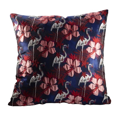 The Florida pillow from CORT Events boasts a lively tropical motif with reds, pinks, and violet-blues that complement magenta. Pricing is available upon request.