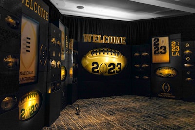 The VIP swag suite was located at the JW Marriott Los Angeles L.A. LIVE and the Ritz-Carlton, Los Angeles (the properties share a tower). This year, Gifts for the Good Life was tasked with reinventing the welcome and registration area. The focal point of the room was a gigantic version of the black box holding the gold footballs. 'We wanted to use lights in interesting ways and play with the idea of marquees,' Arak-Kanofsky said. 'It was a dark space, and we wanted it to feel that way.' The size of the space proved to be a challenge. '[The properties] had a really cool lounge, but that meant we had a smaller space. We had to really think creatively to see how we were going to fit all of this gifting for about 200 people.'