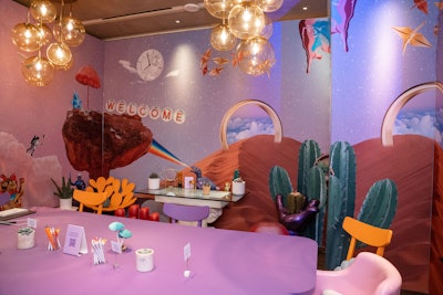 Breakout meeting rooms nodded to hot topics on the social media platform. Pictured is the psychedelic-inspired room, which boasted fantastical wallpaper, mushroom decor pieces, and funky seating. The entire activation was produced by Los Angeles-based experiential firm Amplify.