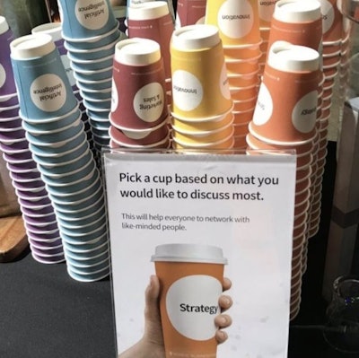 At the 2018 edition of the Nordic Business Forum, the team created a simple, cost-effective networking idea: color-coded coffee cups. Guests were invited to choose a color based on the topic they wanted to discuss most, with options including innovation, strategy, marketing and sales, and artificial intelligence.