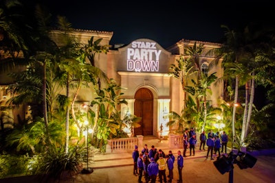 The after-party took place at Palazzo di Amore, a 25-acre estate up a long, winding road in Beverly Hills. Gonzalez recalled that when he first started talking to STARZ in November, the client knew they wanted the event to be 'bold.' Once the STARZ team mentioned the idea of a private residence—an ideal choice for a show that often depicts parties at various private residences around Los Angeles—“we were off,” he explained. 'We probably scouted at least 20 venues. But from the events mind, I had to look at what would function—like being able to valet park that many cars, not having noise ordinances, having enough indoor space. There were a lot of parameters.” Gonazelz also had to consider its proximity to the screening in Westwood, along with Wi-Fi access, safety for guests as they drove up winding roads in the dark, and more. Eventually, his team presented three options, and STARZ chose Palazzo di Amore.