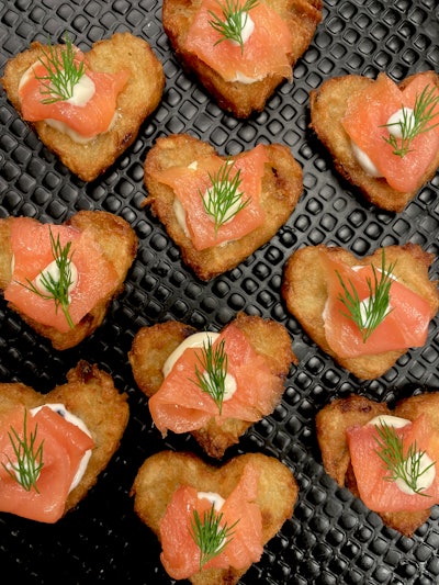 Marcia Selden Catering & Events has a few tasty treats to try this Valentine's Day. They include these heart-shaped potato leek pancakes with smoked salmon and lemon crème fraiche.
