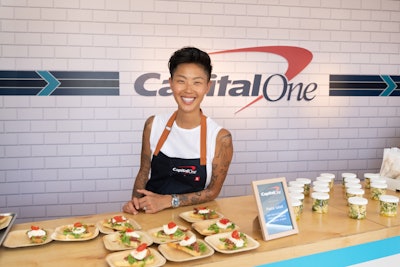 Iron Chef co-host and Top Chef winner Kristen Kish offered refreshing burrata crostinis and pasta salads in mini jars inside the members’-only Capital One tent at the Grand Tasting. Entrants were required to show proof that they were cardholders to enter and taste.