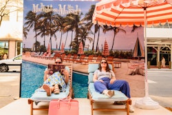 On the southeast corner of 49th Street, fans pose at a poolside vignette reminiscent of the Fontainebleau in Miami, one of the stops along Midge’s tour in season three.