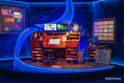 Lighthouse Immersive's global creative director David Korins oversaw the environmental design of the entire experience, from entrance to exit. In a few cities, the Tony Award nominee enhanced the pre-show activation space with installations like this animator's desk that reveal sketches of Disney films before they were brought to life.
