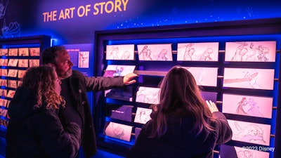 Prior to entering the show, guests have the opportunity to get an up-close look at all the work, technology, and creativity that goes into their favorite Disney animated films. “We wanted to contextualize the world of Disney, so we came up with these interactive activations on the way into the show to bring guests behind the scenes of Disney and reveal how these films are made,” explains Ross.