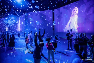 The bubbles don't end when Ariel stops singing, either. “We wanted to take the experience to the next level,” says Ross. So for Frozen II, the bubbles transform into “snow” bubbles that mimic dry ice and turn to smoke when you touch them.