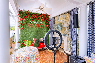 A photo booth with a red Vespa that was titled “On the Go with Politico” featured props including branded helmets and other Italian-inspired elements. Vendors included Design Cuisine Caterers; Summit Event Production, which handled AV; Amaryllis Floral + Event Design; and rentals by Maison de Carine, Nuage Designs, and DC Rental.