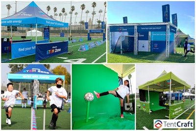 Scenes from a Chevron Soccer Academy fan experience, built out by TentCraft.