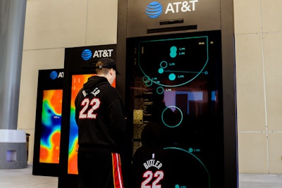 In January at Kaseya Center, AT&T combined AI and fiber optics to produce kinetic renderings of player movement and shot charts. Called Connected Canvas, the digital art installation pulled in these custom data sets to create shareable and interactive artwork for fans.