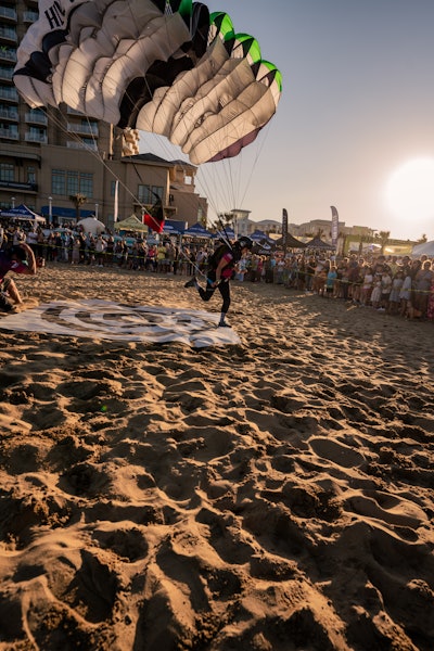 The BASE jumpers landed on a target set up on the beach.
