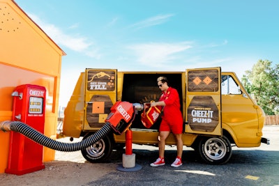 The absurdity continues outside with a clever stunt that replaces car fuel with snack fuel: A special branded pump releases a stream of Cheez-It bags directly into car windows.