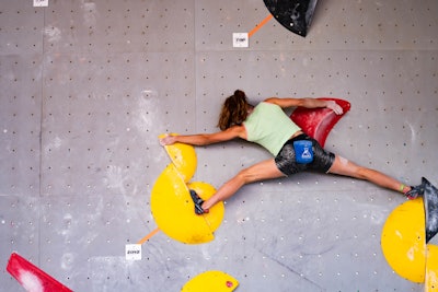 During the festival's 'dyno' (slang for “dynamic') competition, climbers used momentum to reach the next hold.