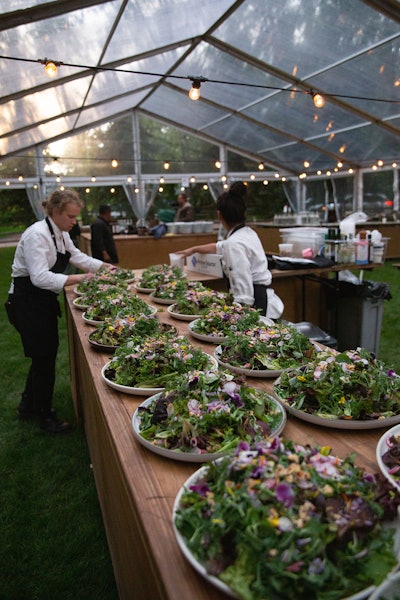 A beautiful bowl of salad featuring 10 local microgreens from Chamberlin Farms and Gotham Greens was a stunning start to the meal. All food was prepared on site in a designated chef’s tent. Main courses included risotto into the wild and polenta with beef cheeks.