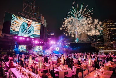 The Petco Park Events team concluded its San Diego Padres fundraising gala with fireworks. See more: See How This Ballpark-Hosted Gala Was a Hit in the Outfield—Literally
