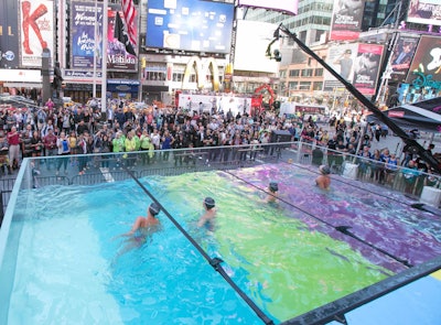 Another unique, pool-based stunt came from Epson, which celebrated the launch of its new printer in the middle of New York’s Times Square. The 'Swimming in Ink' activation featured performances by the U.S. National Synchronized Swimming Team inside a 17,000-gallon transparent swim tank created by IDEKO Productions. The bottom and rear panels of the tank were designed with the ink cartridge colors of cyan, magenta, and yellow to provide the illusion that the swimmers were performing in ink, rather than the actual clear pool water. See more: Why Epson Built a Giant Water Tank in Times Square