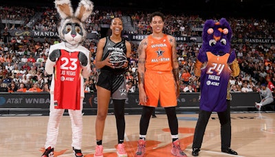 During halftime, Las Vegas Aces player A'ja Wilson passed the WNBA All-Star torch to Brittney Griner and the Phoenix Mercury, who will host next year's game.